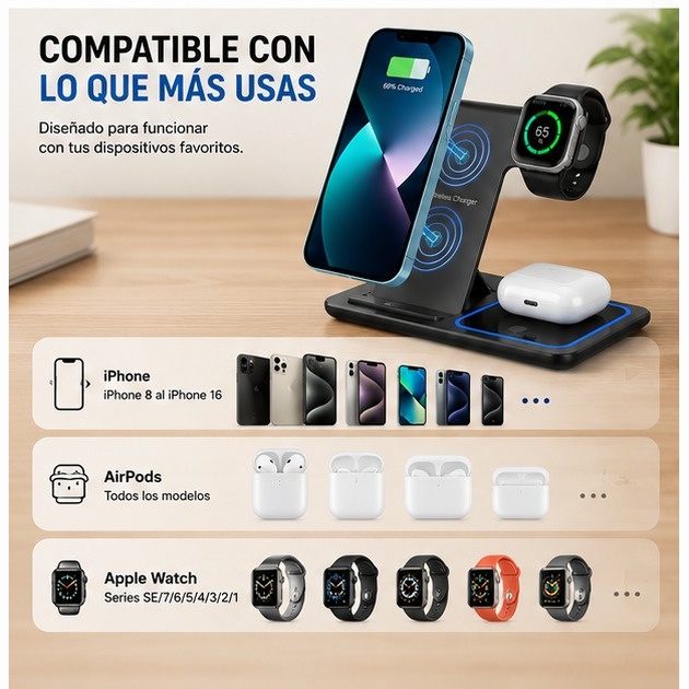 Estación de Carga Inalámbrica Rápida 3 en 1 Plegable